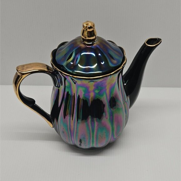 Grace's Teaware Purple and Gold Iridescent Swirl Tall Teapot With Gold Trim - Picture 1 of 7